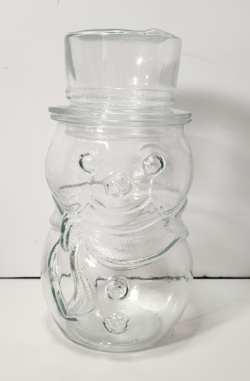 Vintage Libbey Of Canada Glass Snowman Candy Jar Canister 7.5” Christmas Winter